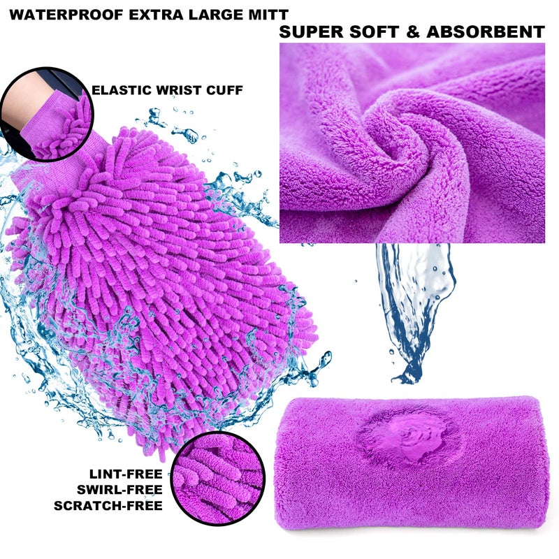 AUTODECO 22Pcs Car Wash Cleaning Tools Kit Car Detailing Set with Canvas Bag Purple Collapsible Bucket Wash Mitt Sponge Towels Tire Brush Window Scraper Duster Complete Interior Car Care Kit - Image 3